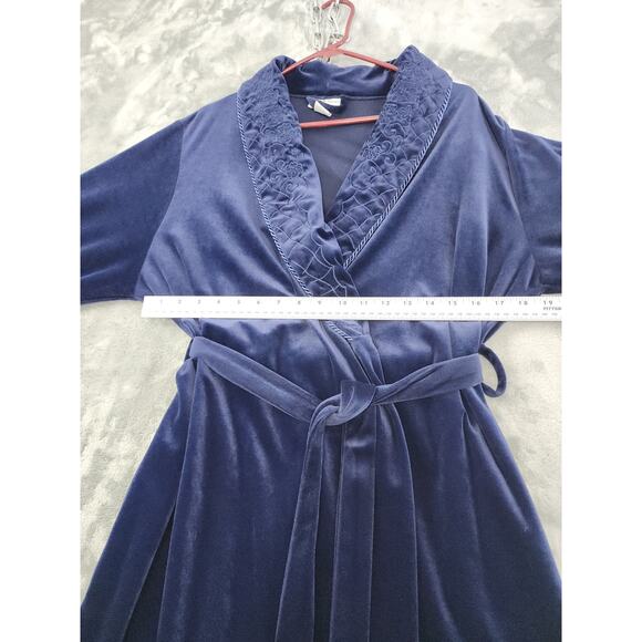 Vintage 80s Amanda Stewart Embroidered Velvet Long Wrap Robe Size M Blue Pockets - Picture 7 of 9